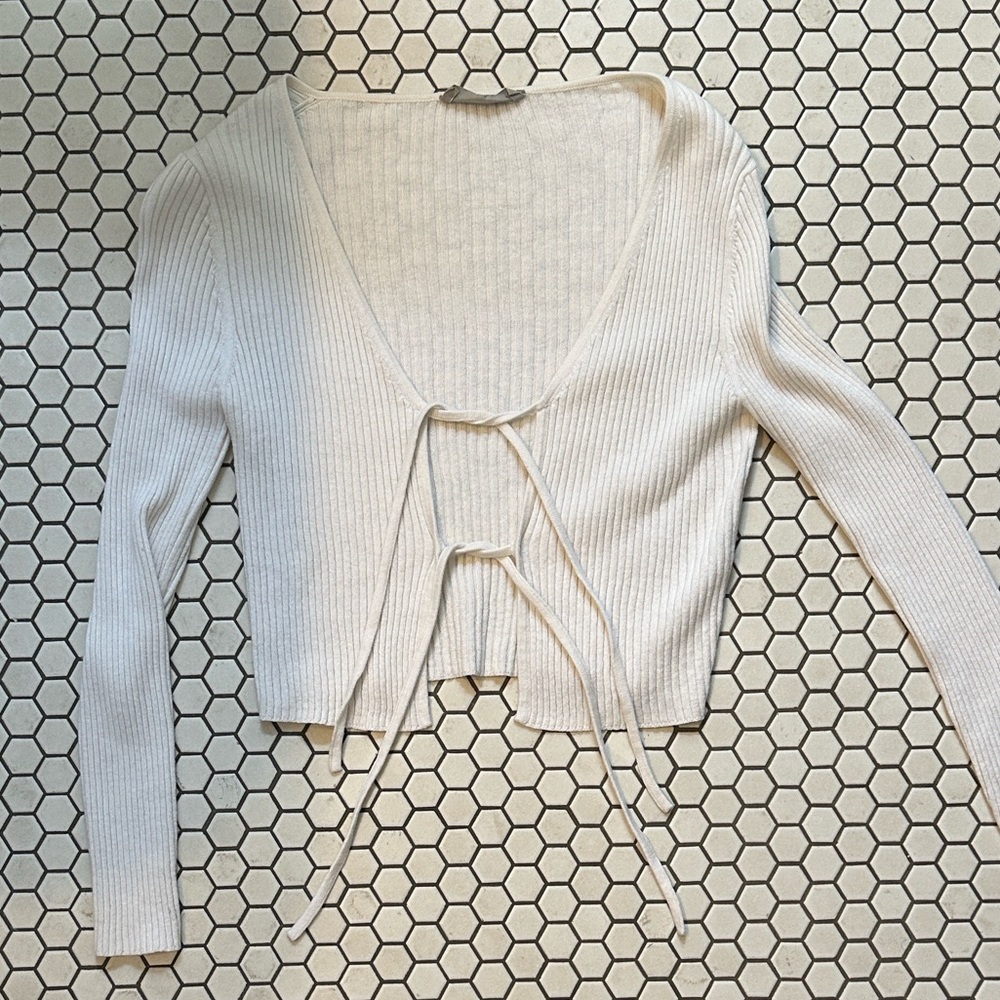 Everlane Cream Ribbed Front-Tie Cardigan